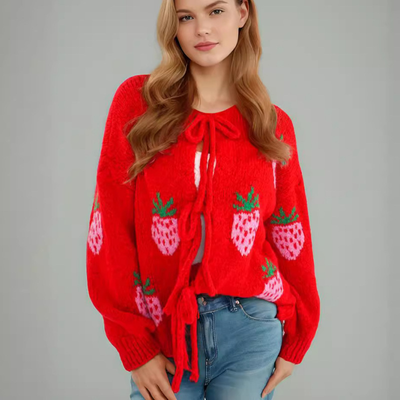 Cross-border Foreign Trade Autumn and Winter Vintage Strawberry Lace-up Sweet Knitted Cardigan All-match Loose Casual Sweater Coat Top Cross-border Foreign Trade Autumn and Winter Vintage Strawberry Lace-up Sweet Knitted Cardigan All-match Loose Casual Sweater Coat Top