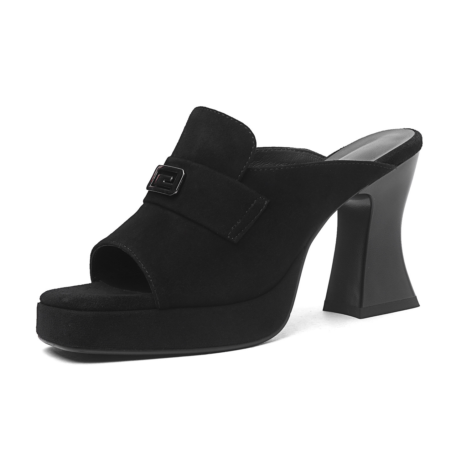 Sandal cao gót nữ hở mũi quai ngang đế dày gót 9 cm — Da bò trắng gạo chi tiết 9