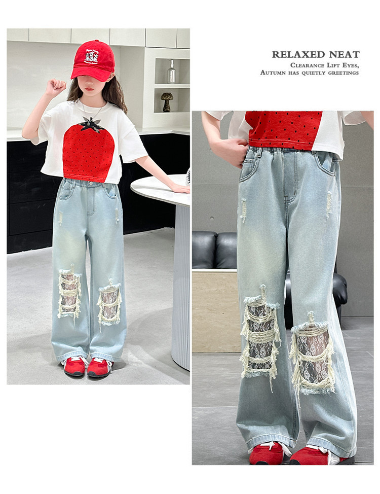 A25036 Style Ripped Lace Jeans Wide Leg New Children's Miscellaneous European And American Jeans_viptrois.com