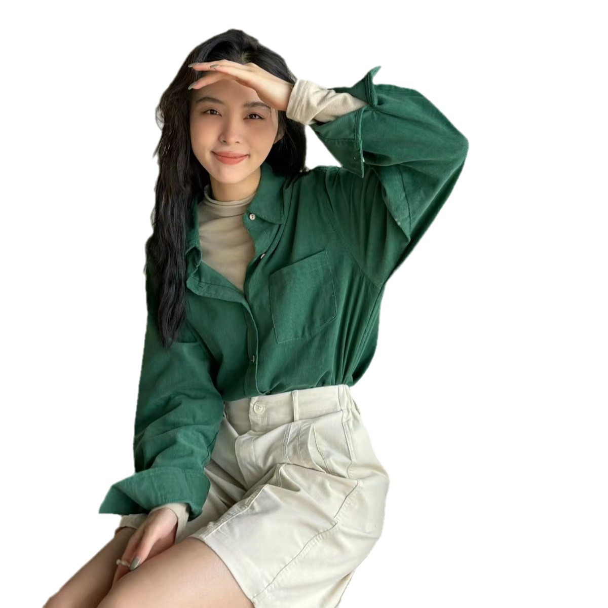 클리어런스 환불되지 않은 코듀로이 긴팔 셔츠 여성의 봄과 가을 디자인 셔츠 캐주얼 다용도 탑 7329