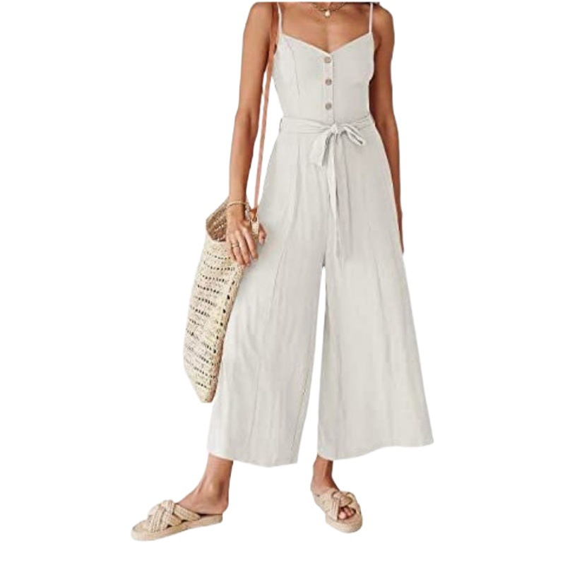 2023 Mono de pierna ancha con cuello en V y correa de hombro delgada de verano para mujer con cinturón