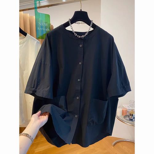 Women's 2024 Summer New Style Pure Color Chinese Style Shirt Loose Large Size Cotton Short Sleeve Top Trendy Wholesale