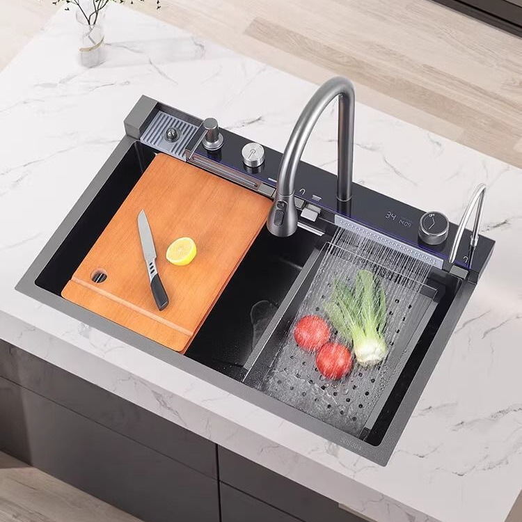 Fregadero de cocina estilo panal, acero inoxidable, un tanque, con cascada