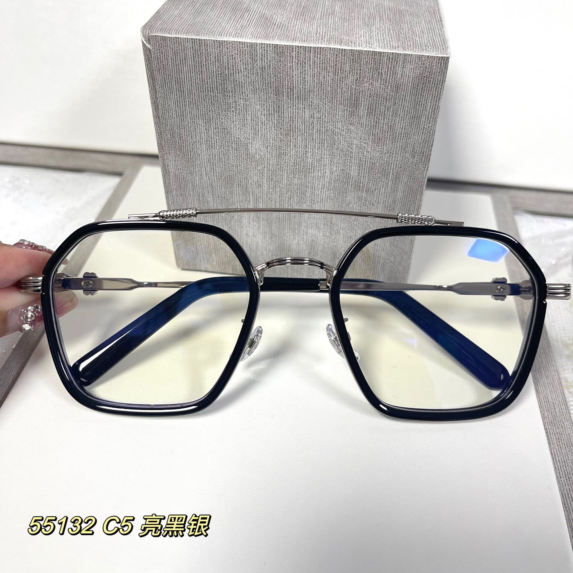 Internet celebridad estilo doble haz elegante gafas marco vintage oro pegamento polígono ancho borde diseño puede coincidir gafas Danyang al por mayor