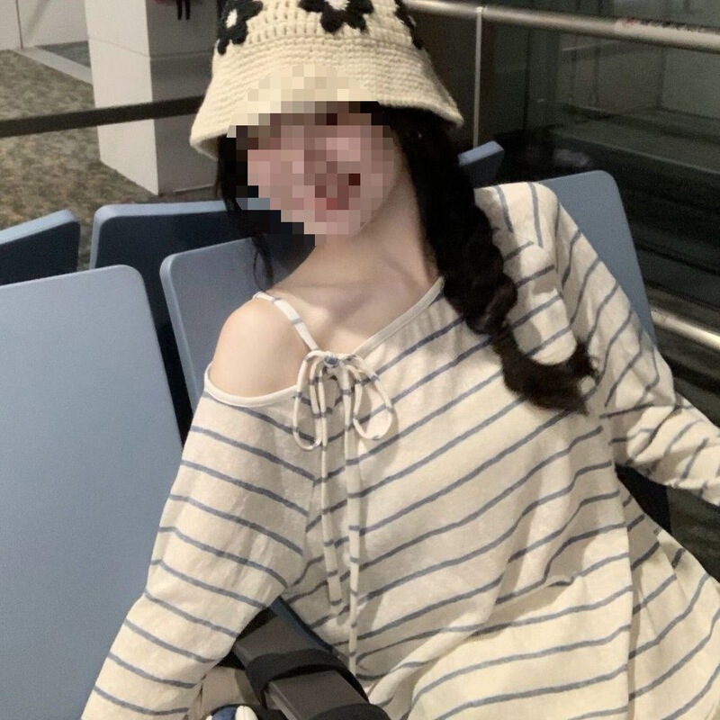 Light Blue Striped One-Shoulder Long-Sleeve Sun Protection Cover-Up for Women, Summer Thin Style with Straps, Layered with Sheer Air-Conditioning Top