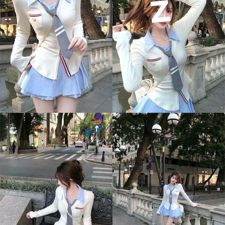 伯恩少女  秋季学院风显瘦设计感假两件上衣百褶半身裙两件套装女|undefined