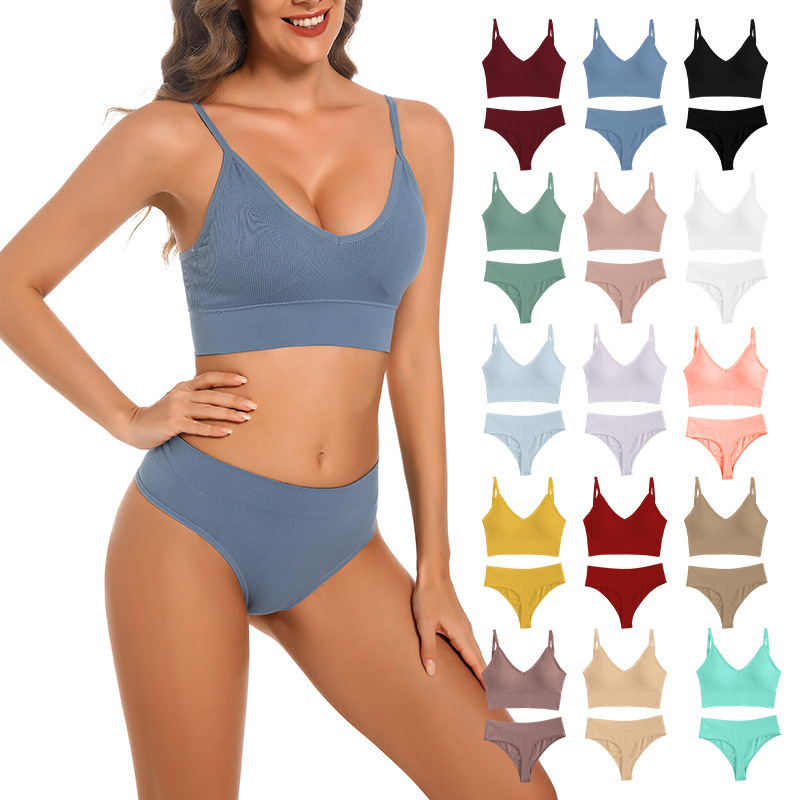 Cross-border thong push up thin wireless plus size sports camisole triangle cup bra underwear suit