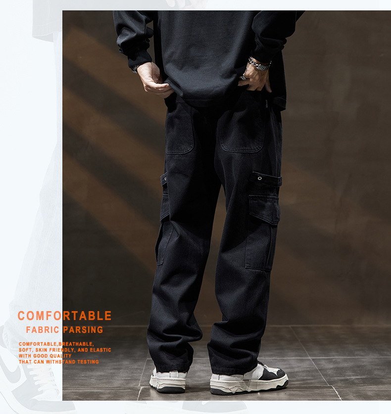 Cargo Jeans High Street Black Functional Style Cargo Pants Multi-pocket Straight Leg Casual Pants Men_viptrois.com