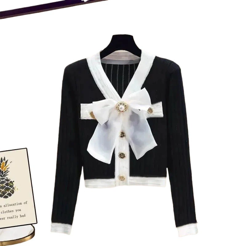 Autumn set, knitted sweater with bow, plus size, Chanel style