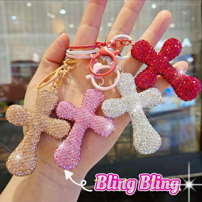 Korean-Style Clay Cross Keychain with Diamonds for Girls, Simple and Fashionable Bag Accessory, Car Keychain Pendant Korean-Style Clay Cross Keychain with Diamonds for Girls, Simple and Fashionable Bag Accessory, Car Keychain Pendant
