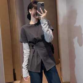 仅用于产品展示勿拍-假两件设计感拼接长袖t恤女2026年早春新款大