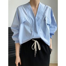 法式感上衣衬衫女领蓝色蝙蝠袖外套美式慵懒风解构衬衣