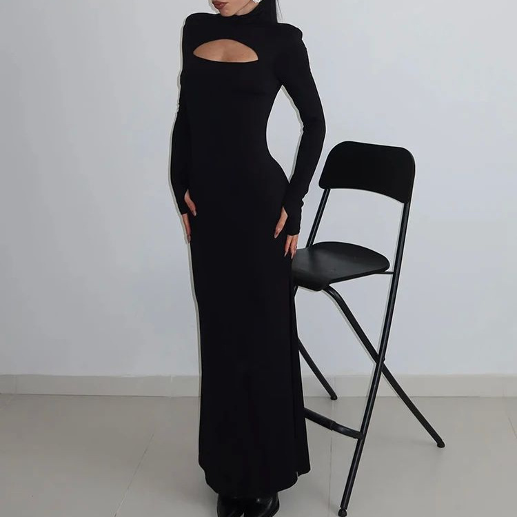 Solid Color High Neck Hollow Out Dress