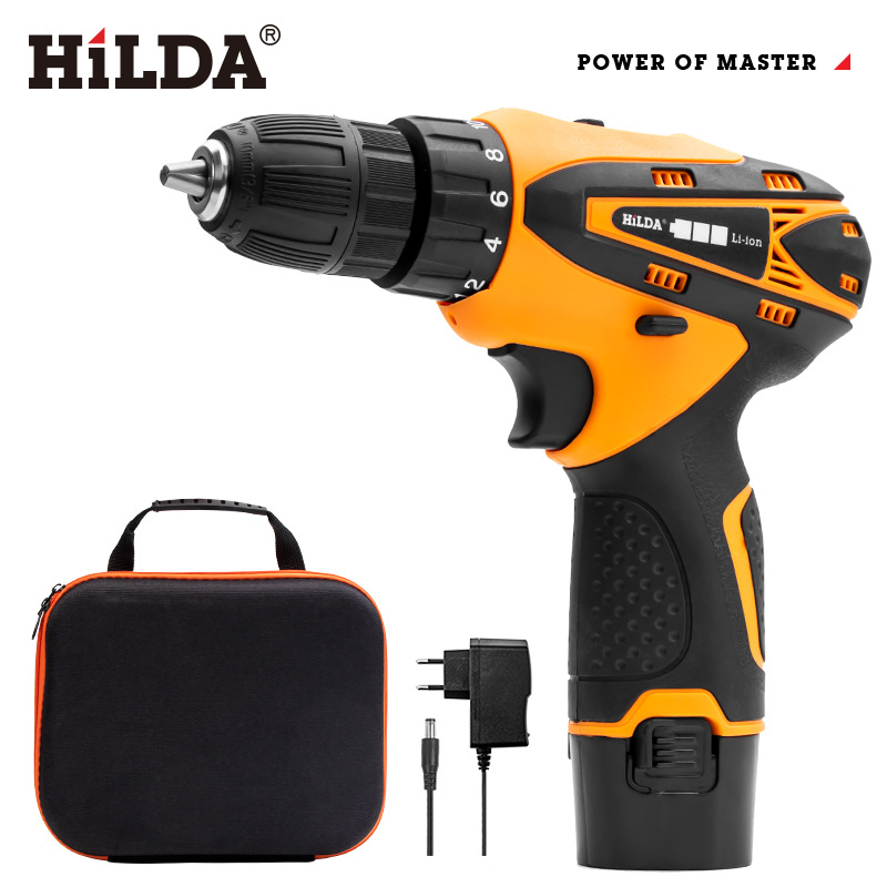 Hilda 12V destornillador inalámbrico taladro eléctrico doble velocidad batería de litio recargable luz LED 2 piezas impermeable mano Taladro