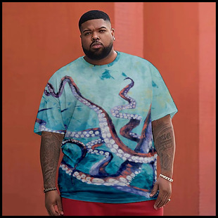 2025 AliExpress Summer 3D Digital Printing Men's Wave Crewneck Pullover Casual T-Shirt Street City