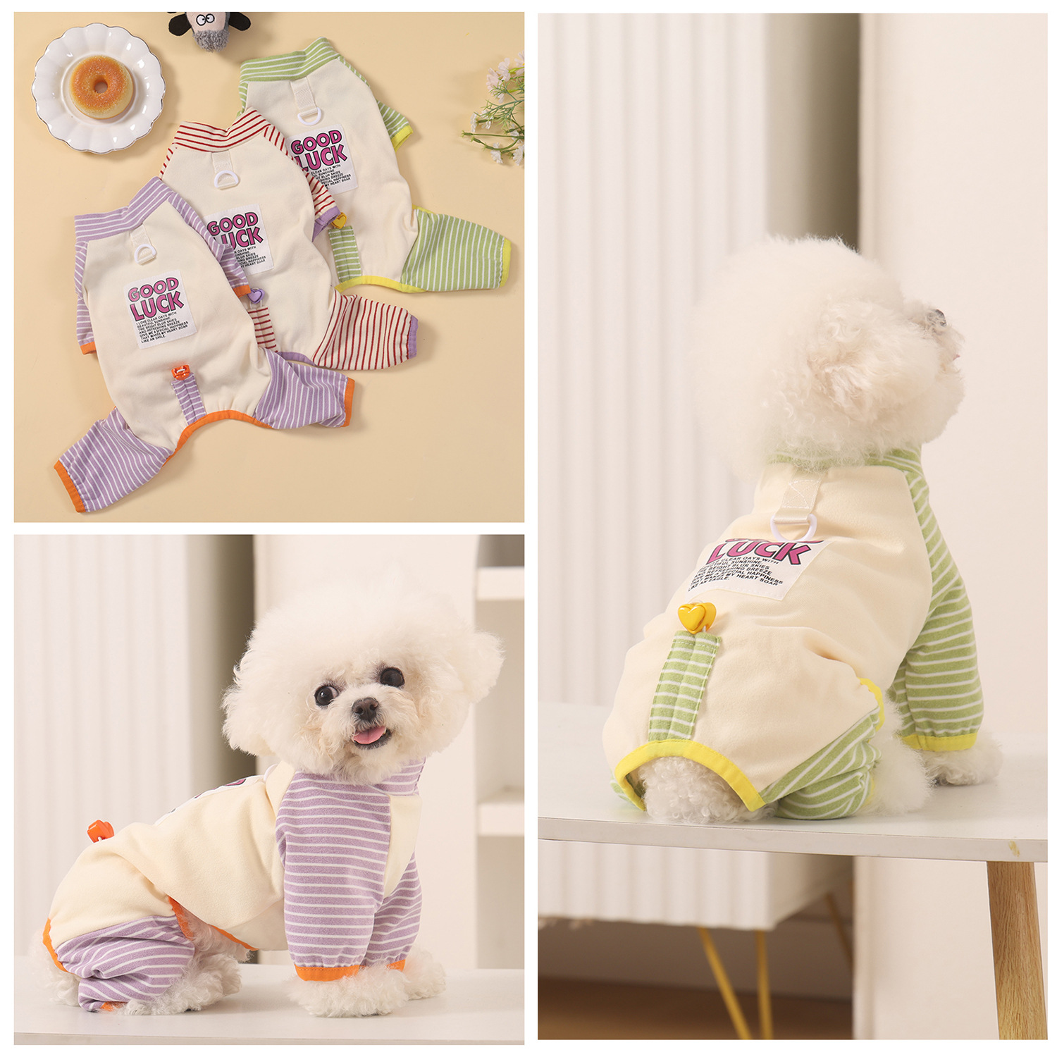 2026 Pet Clothes for Small Dogs and Cats, Striped Warm Fleece Four-Legged Outfit with Leash, Factory Direct Sale