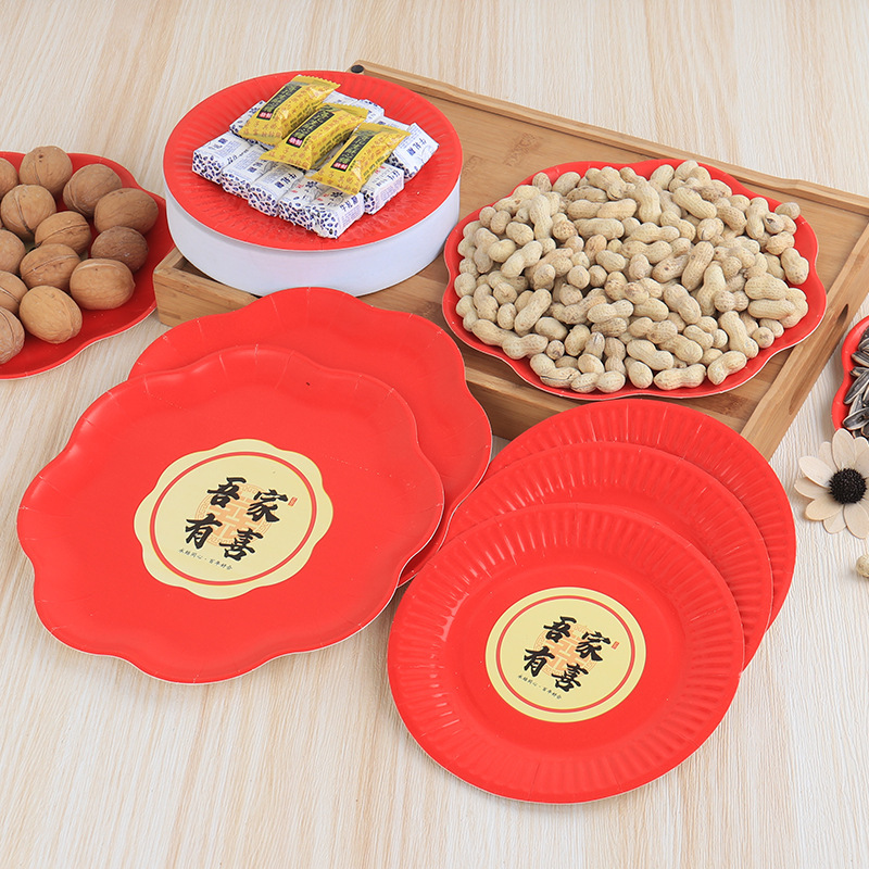 Candy Tray Wedding Disposable Red Paper Plate Dishes Festive Banquet Nuts Arrangement Fruit Tray Wedding Tableware