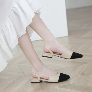 Cross-Border Medium-Heeled Small Fragrant Color-Blocked Back Hollow Toe Sandals for Women French High-Heeled Square-Toe Thick-Heeled Shoes Flat Large-Size Single Shoes