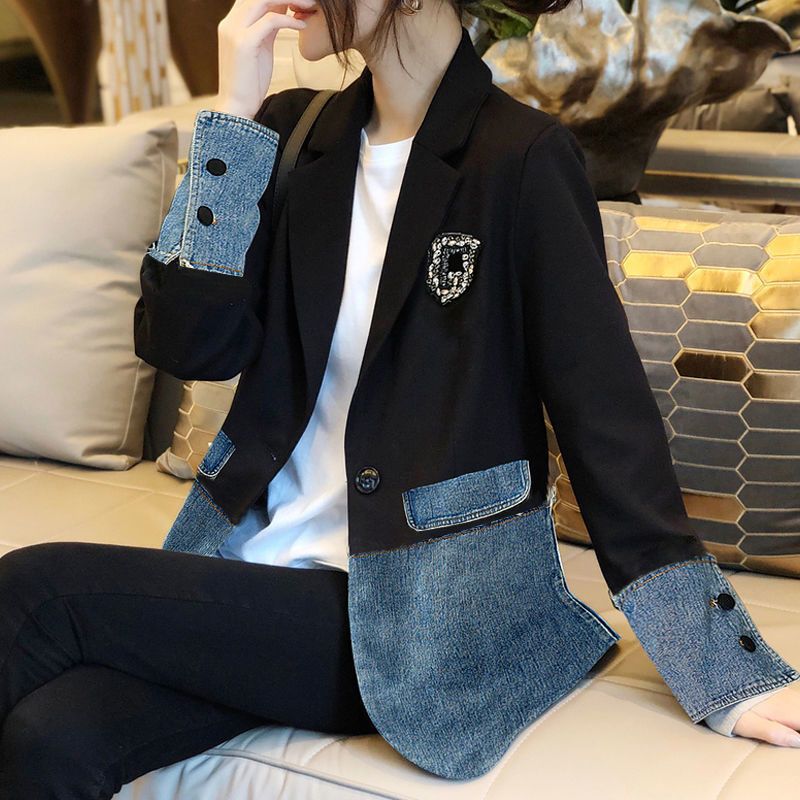 European Style Denim Patchwork Blazer for Women 2026 Spring and Autumn New Korean Version Petite Plus Size Suit Jacket for Women