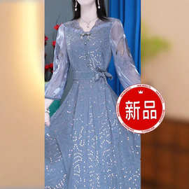 梦莎姿拼接连衣裙女2025新款春夏收腰系带中长a字裙