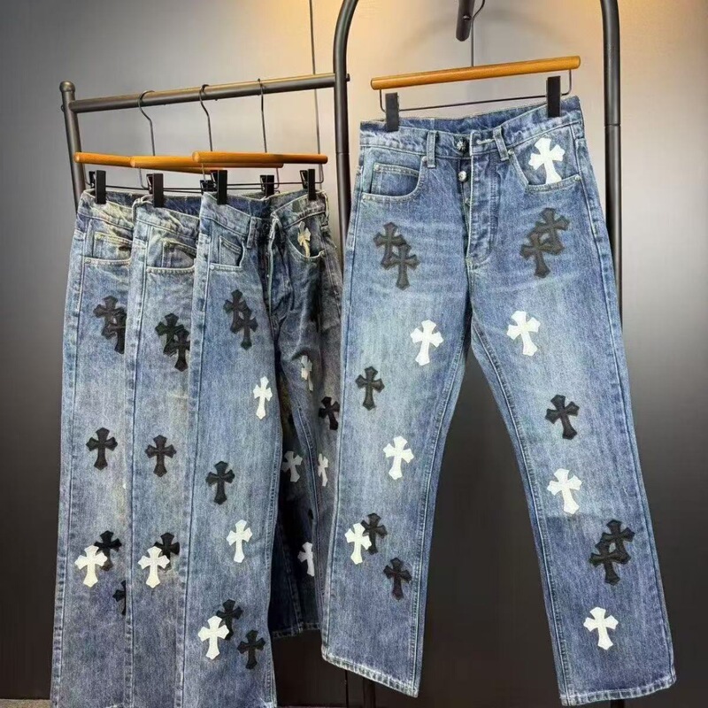 Cross-Border Foreign Trade Wholesale Ch Crow Classic Cross-Stitched Distressed Leather European and American Versatile Casual Loose Denim Pants
