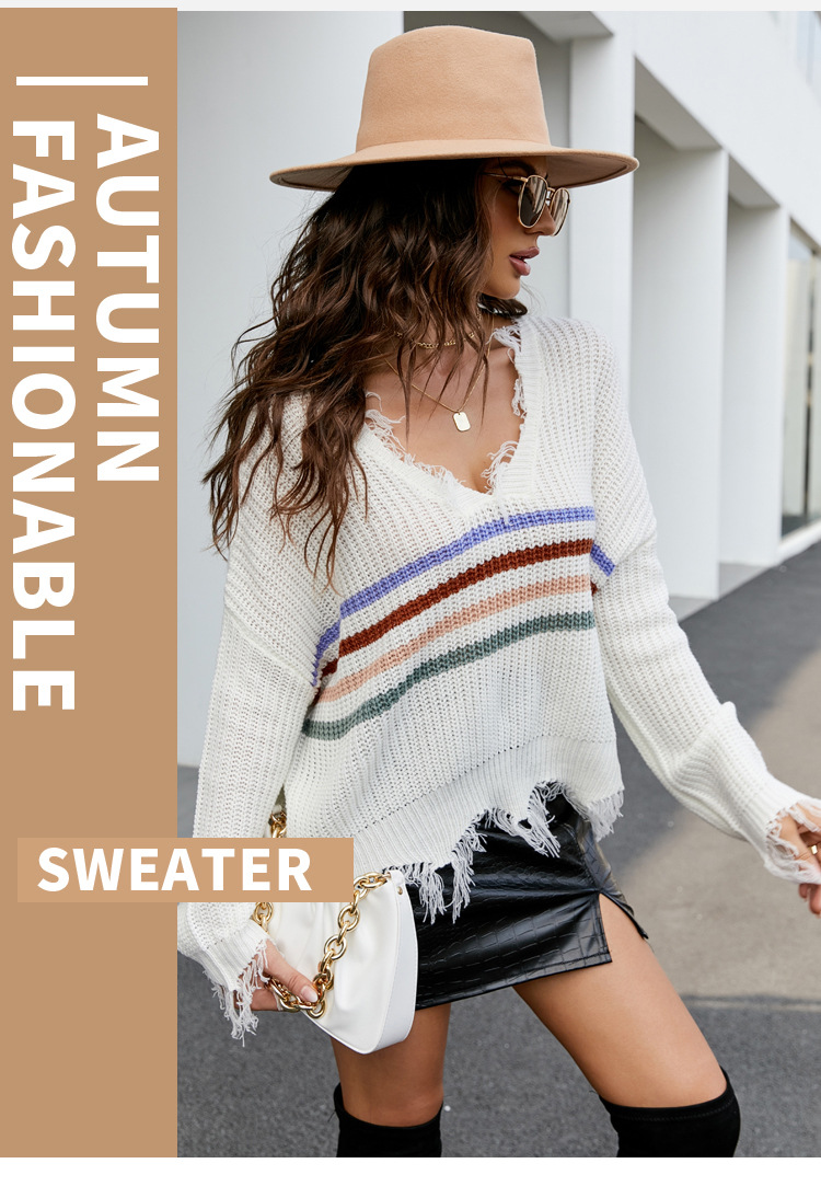 V-Neck Striped Loose Sweater NSYH97053