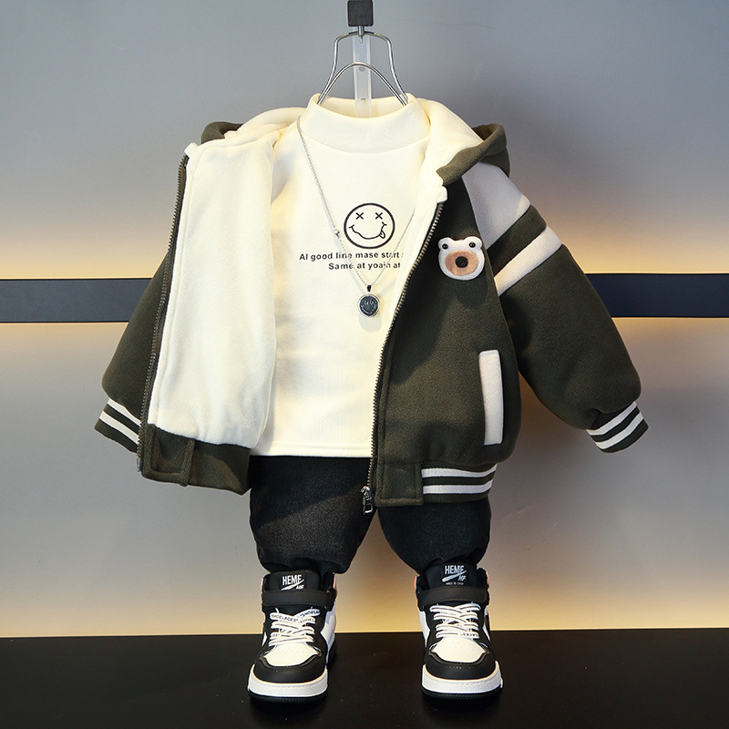 소년 곰 코트 2024 년 가을과 겨울 새로운 어린이 기모 두꺼운 최고의 동계 올림픽 곡물 양털 후드 옷