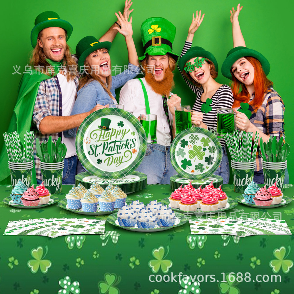 2025 Día de San Patricio decoración de fiesta tema de trébol bandeja de papel desechable vaso de papel toalla de papel juego de vajilla