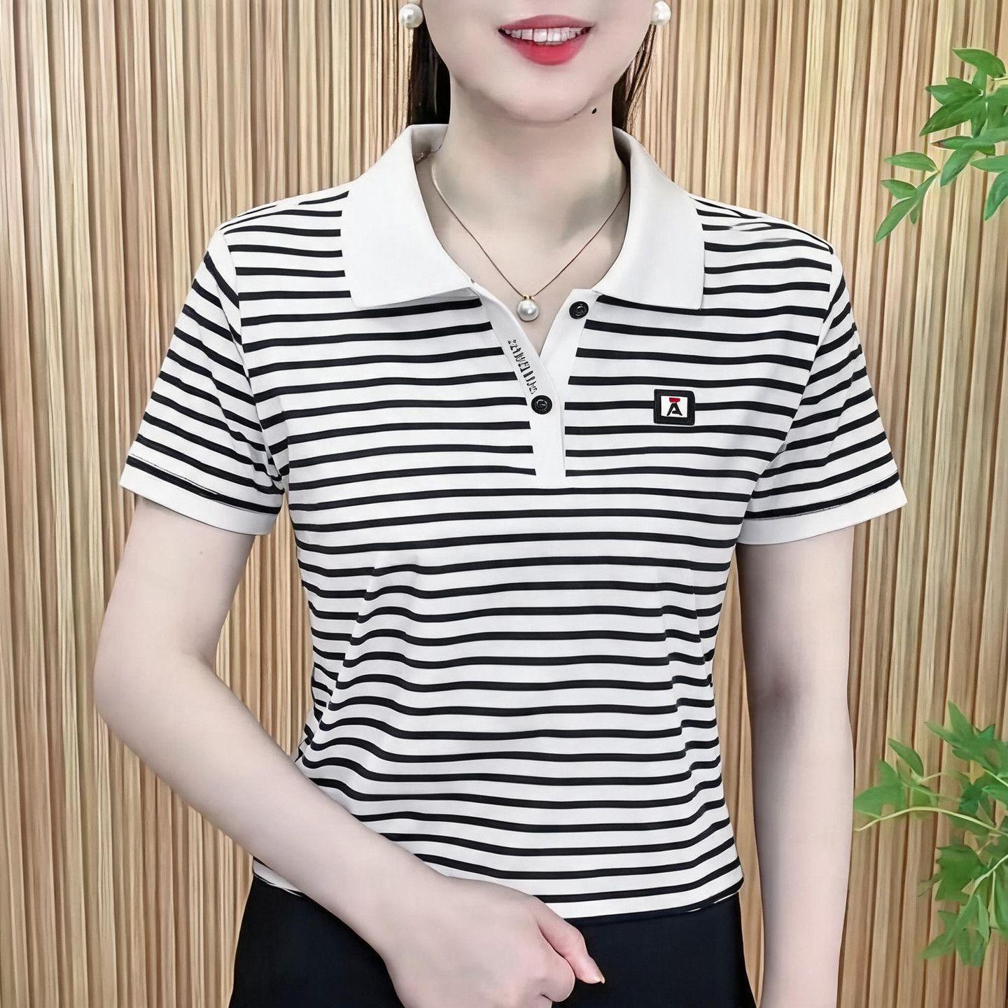2026 Hot Selling Women's Striped Short-Sleeved Summer Polo Collar Top for Middle-Aged Mothers - Slimming