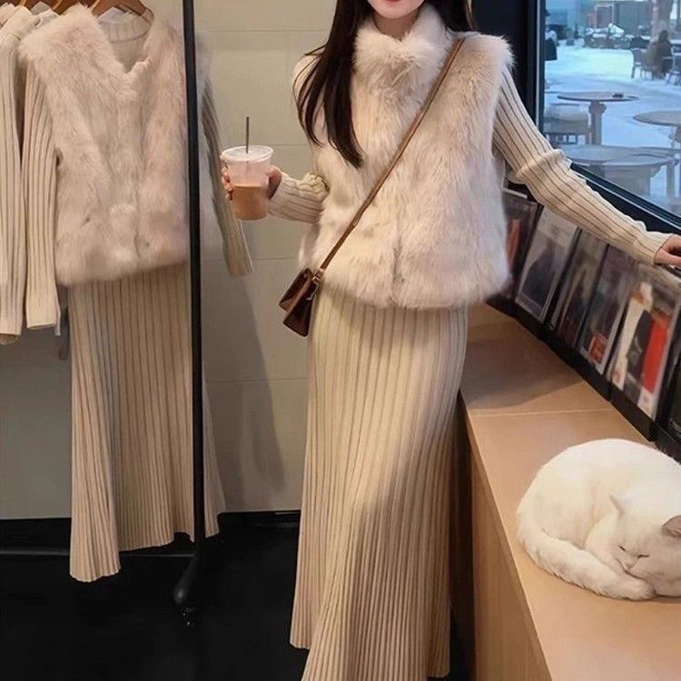 2026 Fall/Winter New Style Women's Two-Piece Set: Dress and Furry Vest, Internet Celebrity Slimming Korean Style, Casual and Versatile 2026 Fall/Winter New Style Women's Two-Piece Set: Dress and Furry Vest, Internet Celebrity Slimming Korean Style, Casual and Versatile