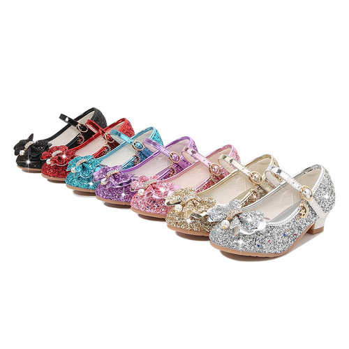 Girls' Leather Shoes High Heels  Spring Rhinestone Bow Little Princess Model Crystal Single Shoes Sequined Children's Shoes for Women