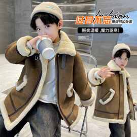 男童皮毛一体外套秋冬2024新款酷帅男孩中大儿童加绒加厚韩版上衣