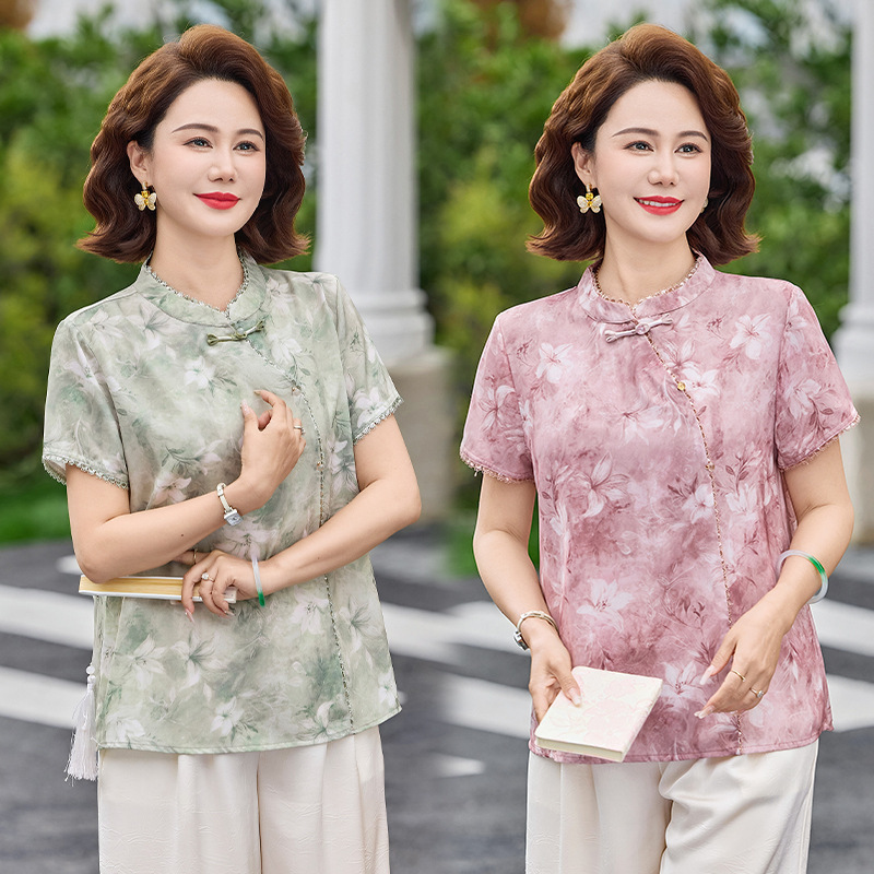 New Chinese-Style Summer T-Shirt for Moms, Trendy National Style Blouse for Middle-Aged and Elderly Women, Summer Large Size Casual Short-Sleeve Top New Chinese-Style Summer T-Shirt for Moms, Trendy National Style Blouse for Middle-Aged and Elderly Women, Summer Large Size Casual Short-Sleeve Top