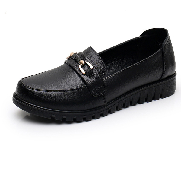 Spring and Autumn Style Leather Shoes, Genuine Leather, Soft Sole, Non-Slip, Middle-Aged and Elderly Women's Flat Shoes, Black Low-Heel Work Shoes, Comfortable for the Feet