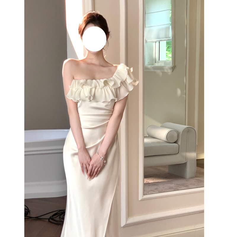 Atmospheric Tube Top Pure Lust Style Satin Fishtail Dress One Skirt Multi-Wear French Slanted Shoulder Elegant Evening Dress for Women