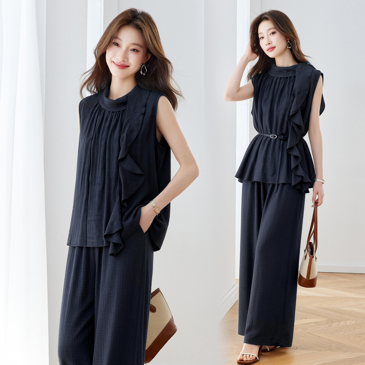 Bộ quần áo nữ hai mảnh áo sơ mi không tay phối quần ống rộng có thắt lưng — Xanh lông mòng đen, màu kaki