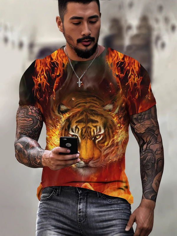 メンズ3Dデジタルゴールデン元記号パターンラウンドネックと半袖tシャツ、夏カジュアルファッションファッション|undefined