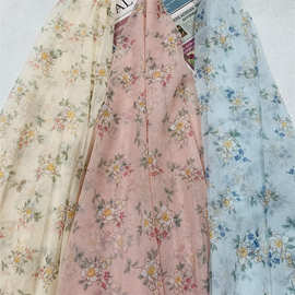 条纹弹力网纱小碎花印花面料上衣亲肤柔软防晒数码印花网眼布料