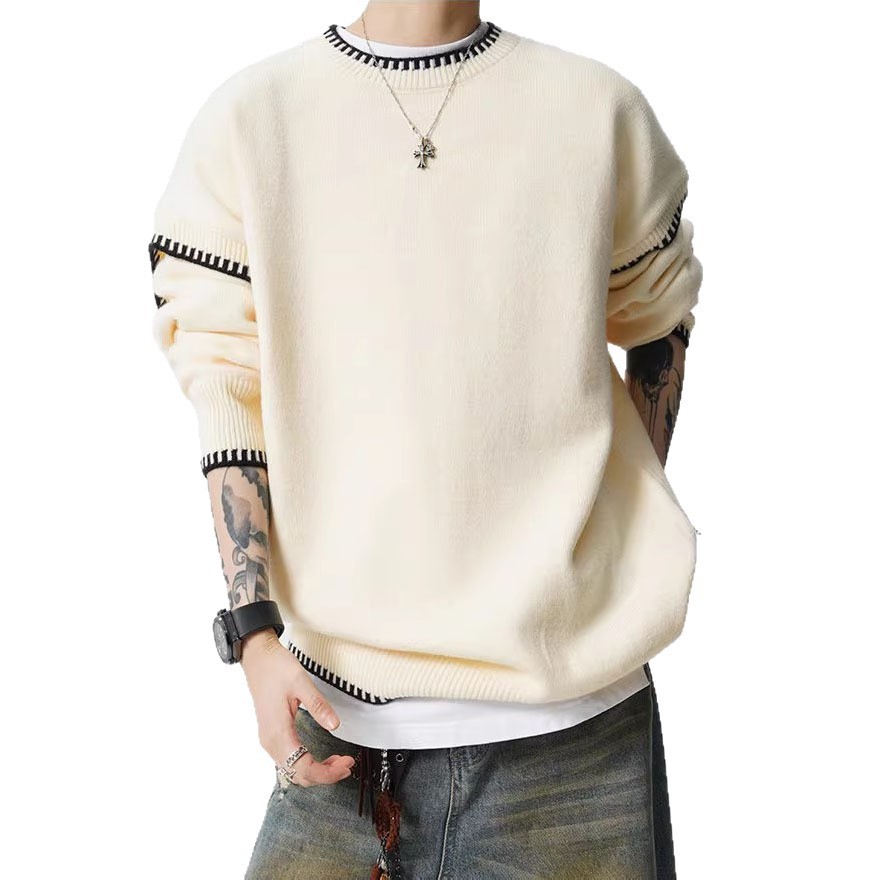 Explosiones transfronterizas de tamaño europeo de tamaño grande falso dos piezas negras bordes de color contrastantes camisetas de cuello redondo suéter hombre otoño invierno fábrica al por mayor