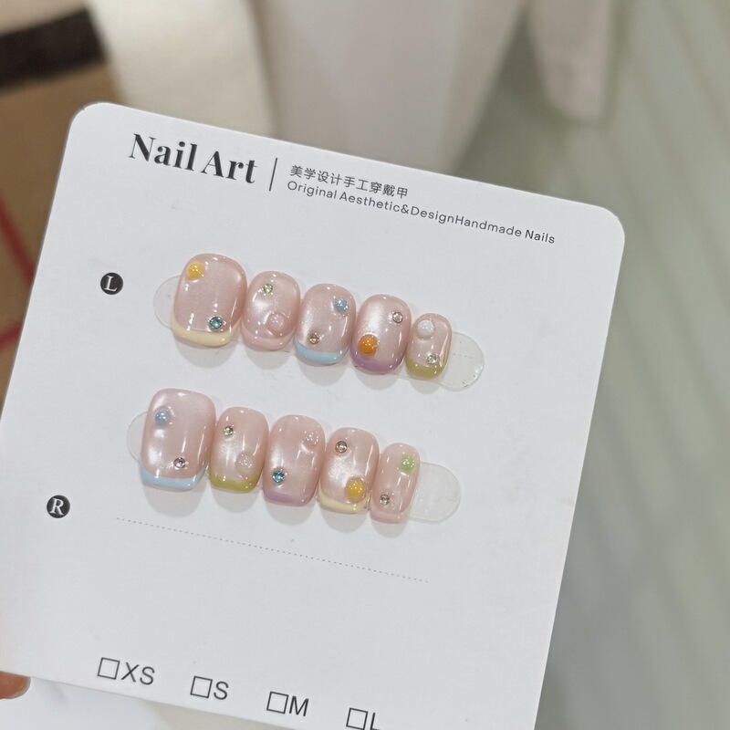 Sugar Island Colorful Bubble】Dopamine Macaron French Nude Pink Cat Eye Colorful Rhinestone Handmade Whitening Detachable Nail Art