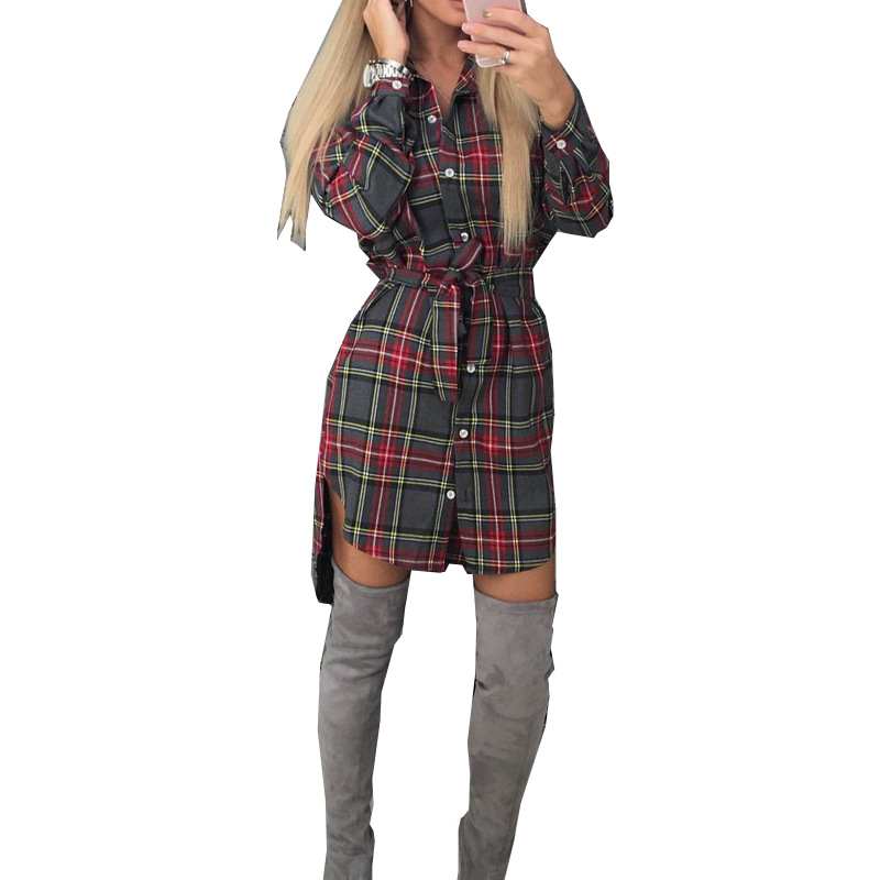Women Clothing Ladies Collared Long Sleeve Shirt Women Mid-Length Plaid Shirt Shirt Dress