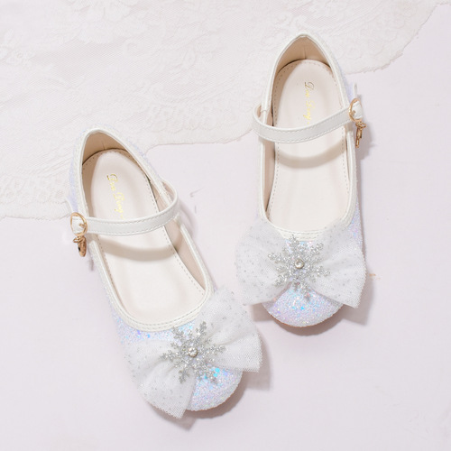 Children's Princess Shoes White Crystal Shoes Baby Single Shoes Spring and Autumn Season Girls' Leather Shoes New Soft Sole Elsa Shoes