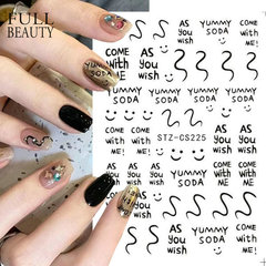 跨境新款美甲貼紙 ins英文線條小表情簡約十字架背膠貼指甲貼紙