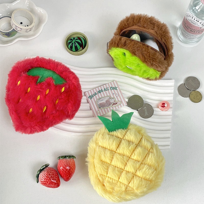 PP cotton, Plush Material Unisex Fruit PP Cotton Plush Zipper Coin Purses