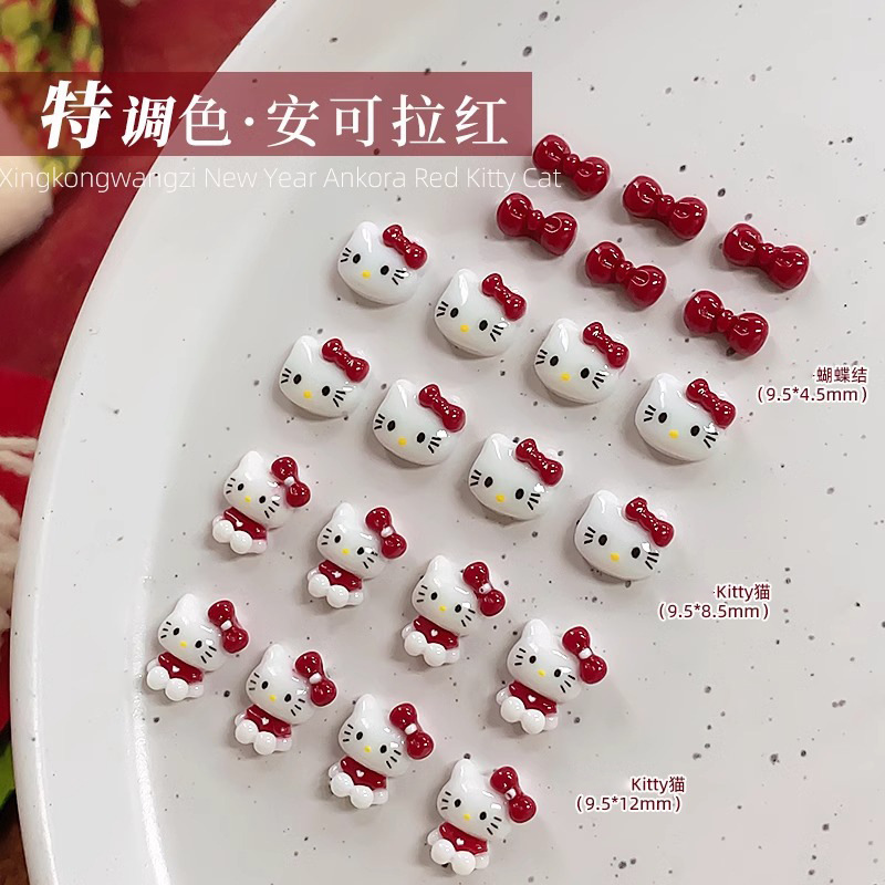 Ancora Red Kitty Cat Nail Art Jewelry Cyber Red Cute Cartoon Hello KT Cat Red New Year Nail Drill