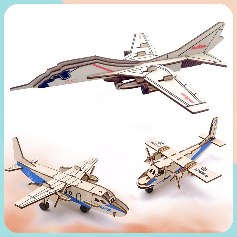Wooden three-dimensional jigsaw puzzle hand-made space assembly model small aircraft strong six fighter simulation toy stall