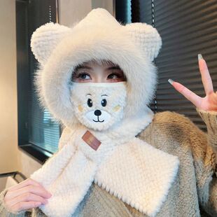 Popular Embossed Bear Hat and Scarf Two-In-One Winter Thickeneded Cycling Windproof Outdoor Versatile Scarf Two-Piece Set