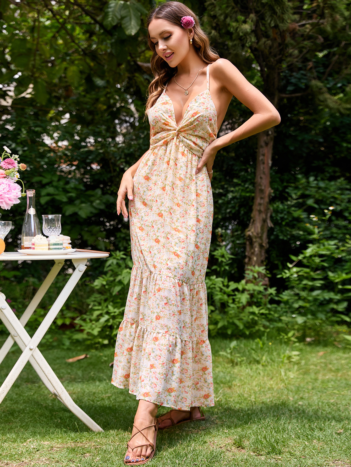 printed V-neck long slip dress NSJKW135279