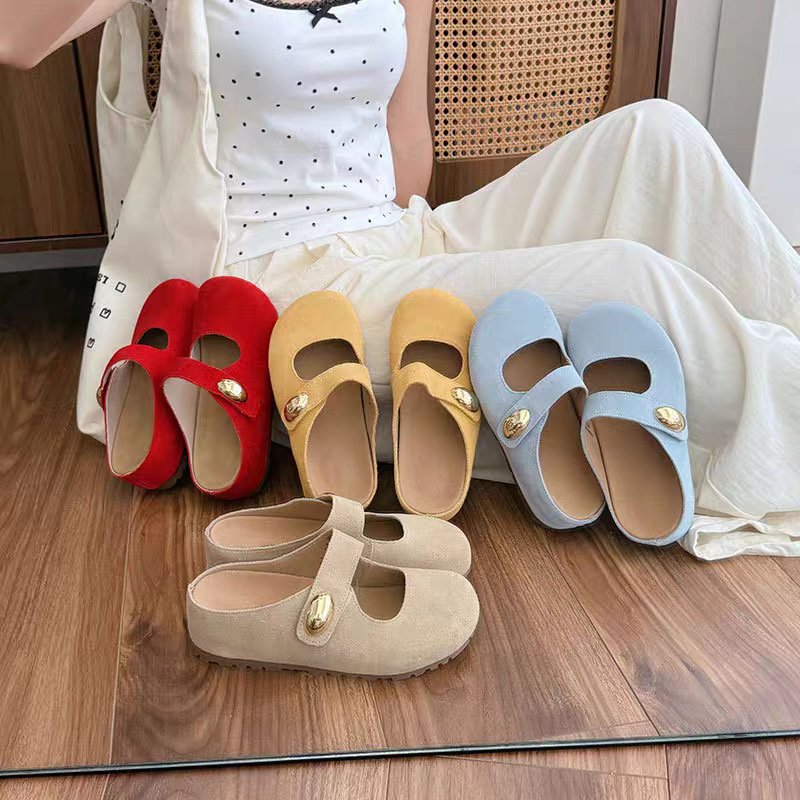 Cowhide Version of the Same Style as the Internet Celebrity, 5cm Taller~ Little Golden Bean Large Round Toe Soft Cute Heightening Birkenstock Half Slippers for Women