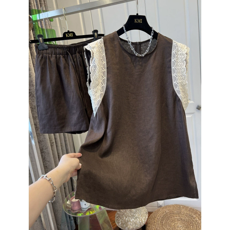 Популярный в этом году кружевной льняной жилет и шорты, модный женский костюм из двух предметов, универсальный свободный летний костюм